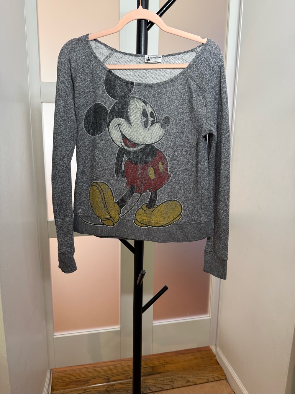 Disney Gray Sweatshirt with Vintage Mickey Graphic, size small.